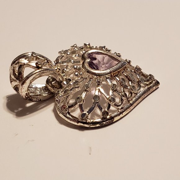 Genuine Amethyst Sterling Silver Filigree Heart Pendant - Picture 2 of 5